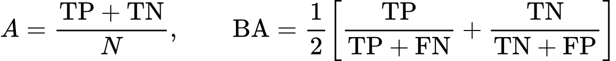 Формула 9. A = (TP + TN) / N; BA = ½ [TP / (TP + FN) + TN / (TN + FP)]